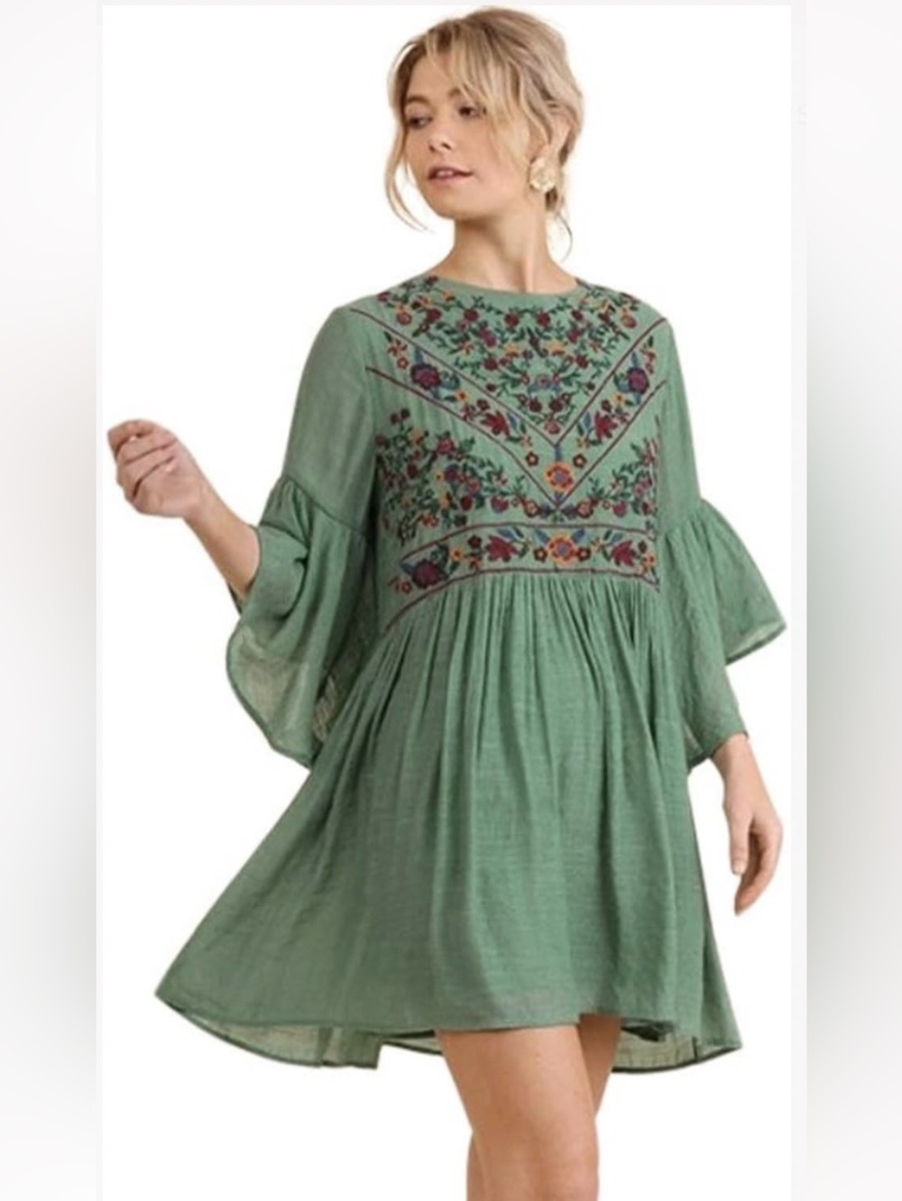 Umgee Boho Bliss Ruffled Bell Sleeve Floral Embroidered Babydoll Tunic Dress